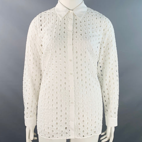 L'AGENCE Size L White Cotton Eyelet Button Up Shirt