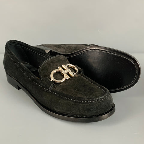 SALVATORE FERRAGAMO Size 6.5 Black Silver Gold Suede Loafer Flats