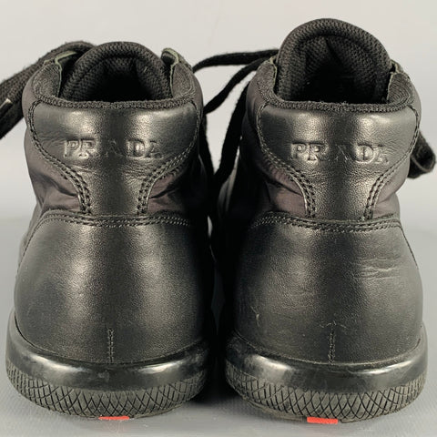 PRADA Size 7 Black Mixed Fabrics Nylon Leather Lace-Up Sneakers