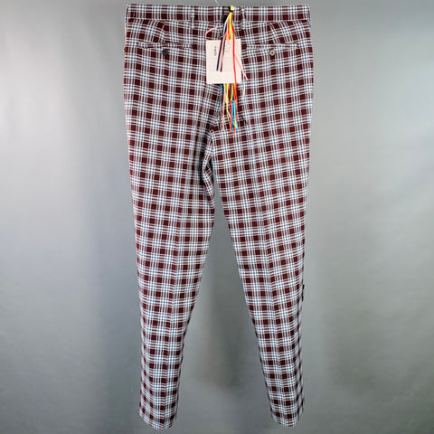 MSGM Taille 34 Pantalon habillé à carreaux bordeaux et bleu en laine et acrylique à braguette boutonnée