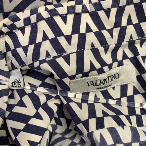 VALENTINO Size M Navy White Monogram Cotton Hidden Buttons Long Sleeve Shirt