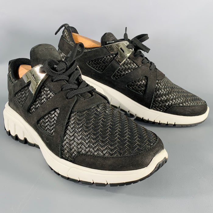 NEIL BARRETT Size 10.5 Black Silver Woven Leather Sneakers