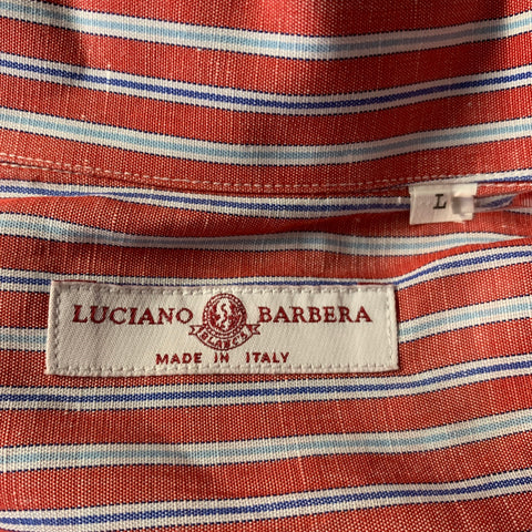 LUCIANO BARBERA Size L Red White Blue Stripe Linen Blend Long Sleeve Shirt