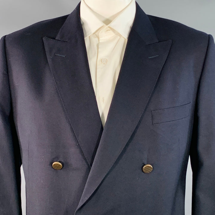 GIEVES & HAWKES Size 46 Regular Navy Twill Wool Double Breasted Sport Coat