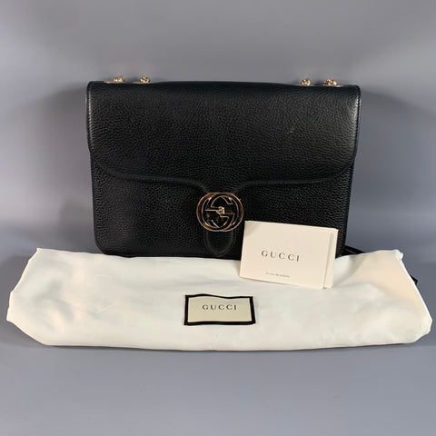 GUCCI Black Gold Pebble Grain Leather Cross Body Shoulder Handbag