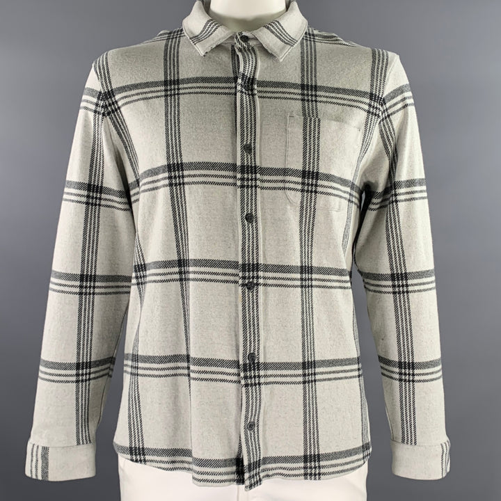 VINCE Size XL Grey Black Plaid Polyester Blend Button Up Long Sleeve Shirt