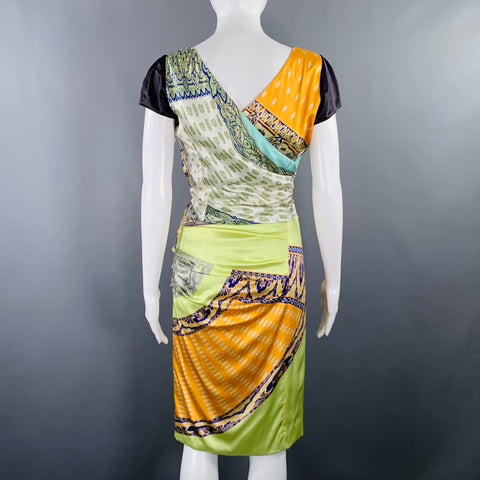 ETRO Size 6 Multi Color Silk Blend Mixed Patterns Cap Sleeves Dress