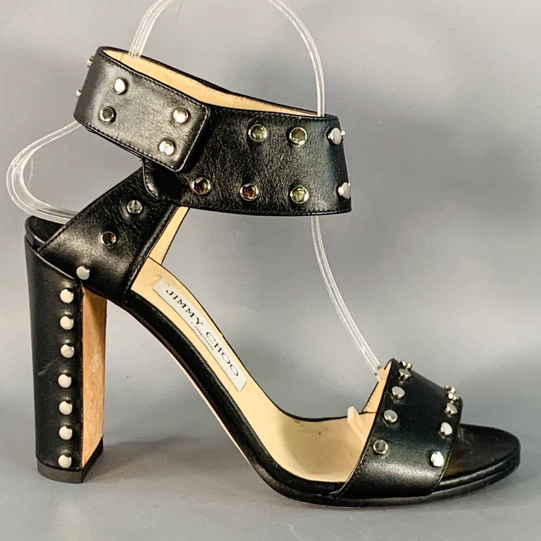 JIMMY CHOO Size 7 Black Leather Studded Snaps Sandals