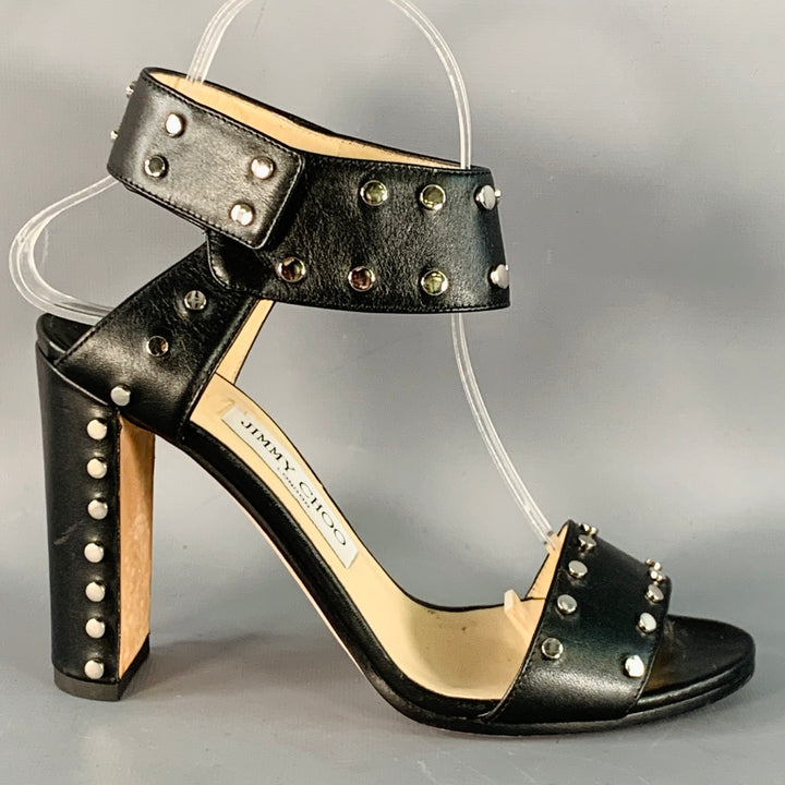 JIMMY CHOO Size 7 Black Leather Studded Snaps Sandals