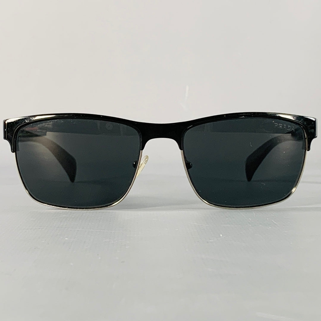PRADA Black Silver Acetate Metal Semi Rimless Sunglasses