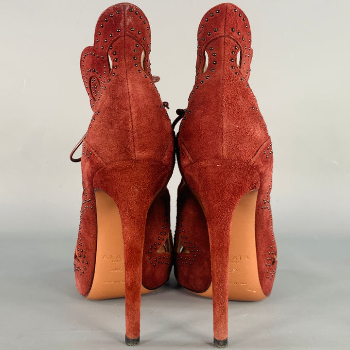 ALAIA Size 9.5 Burgundy Suede Studded Cutout Lace-Up Sandals