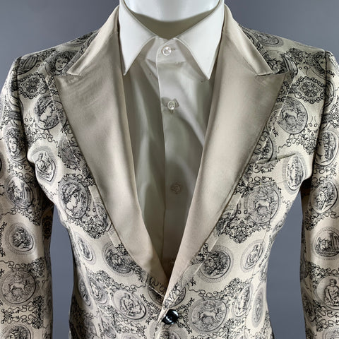 DOLCE & GABBANA Size 38 Cream Black Greca Cotton Blend Peak Lapel Sport Coat