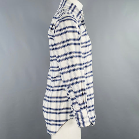 THOM BROWNE Size S White Navy Plaid Cotton One Pocket Long Sleeve Shirt