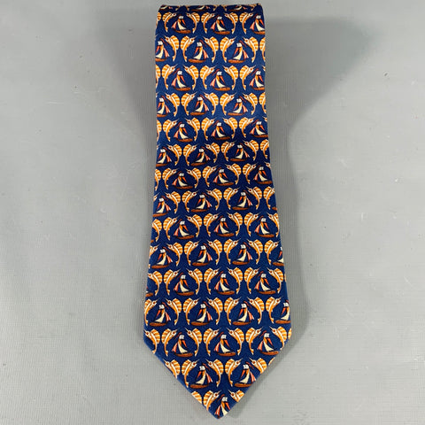 SALVATORE FERRAGAMO Navy Orange Swordfish Nautical Silk Tie