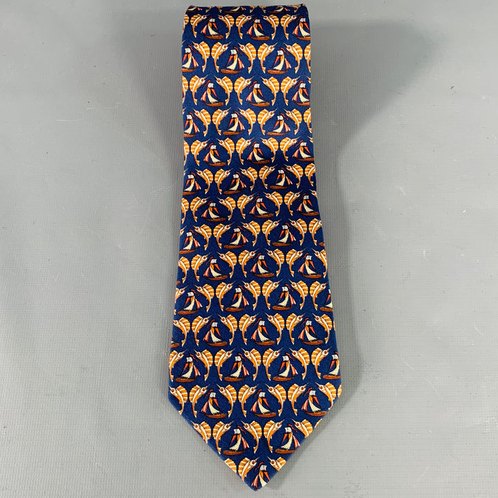 SALVATORE FERRAGAMO Navy Orange Swordfish Nautical Silk Tie
