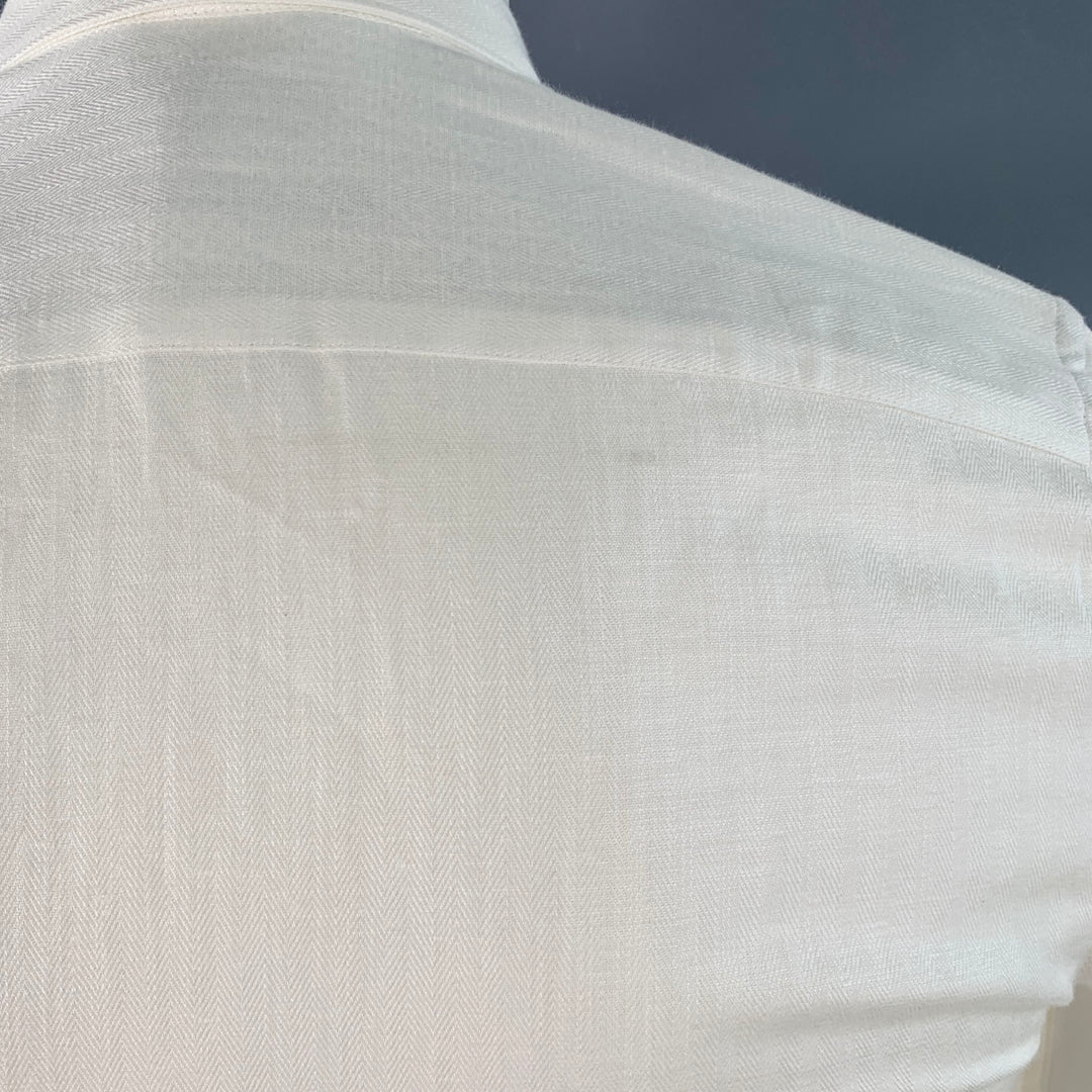 TED BAKER Size XS Jaames White Herringbone Cotton Linen One Pocket Roll Tab Long Sleeve Shirt