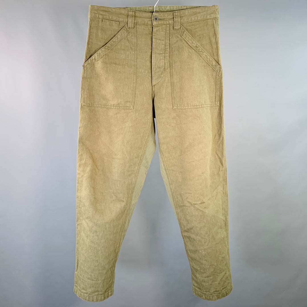 NIGEL CABOURN Size 34 Green Olive Twill Cotton Linen Button Fly Casual Pants
