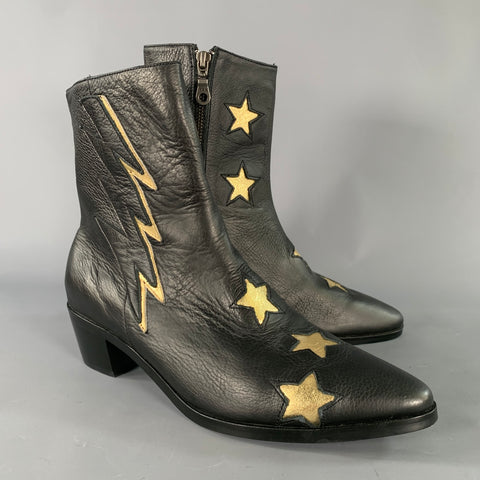 MODERN VICE Size 10.5 Black Gold Leather Stars Side Zipper Boots