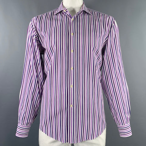 ETRO Size L White Purple Stripe Cotton Spread Collar Long Sleeve Shirt