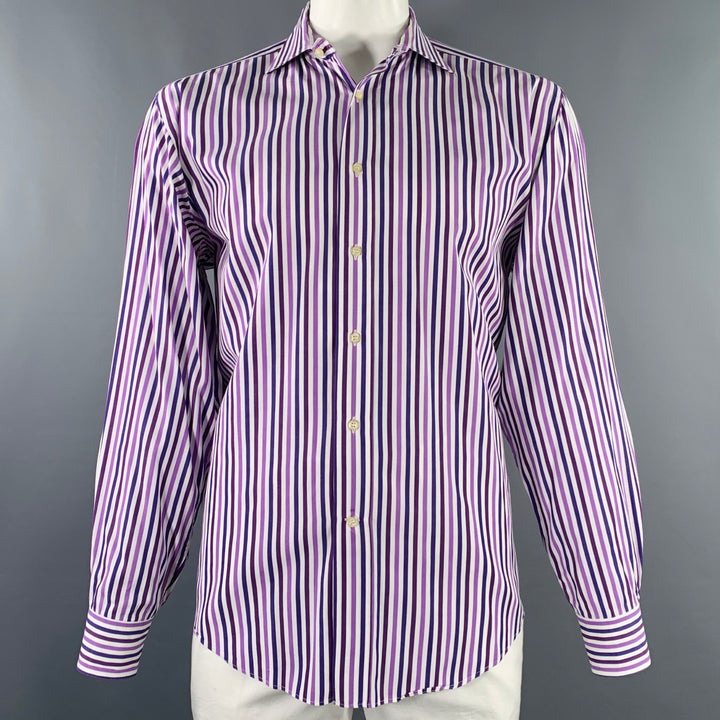 ETRO Size L White Purple Stripe Cotton Spread Collar Long Sleeve Shirt