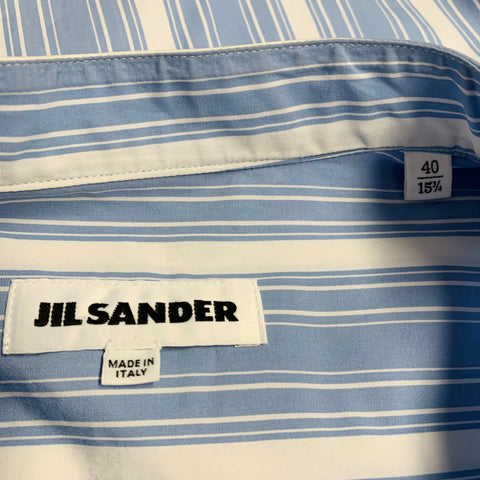 JIL SANDER Size M Giusy Blue White Stripe Cotton Collarless Long Sleeve Shirt