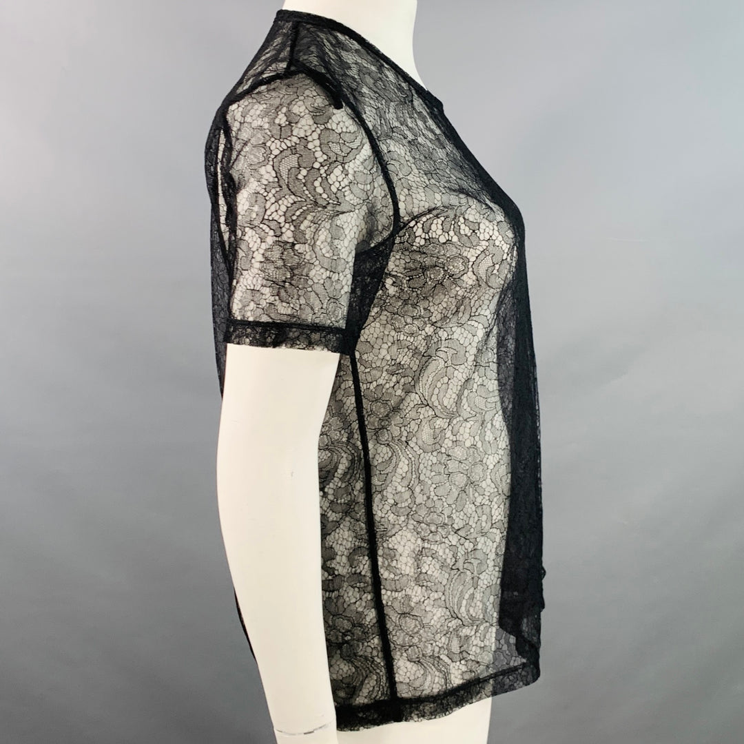 BURBERRY LONDON Size 12 Black Lace Crew Neck Short Sleeve T-Shirt