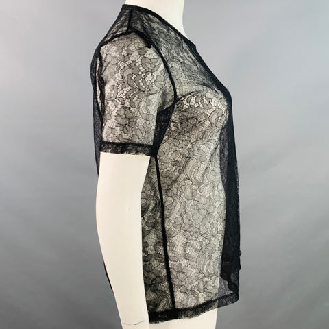 BURBERRY LONDON Size 12 Black Lace Crew Neck Short Sleeve T-Shirt