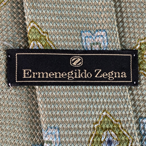 ERMENEGILDO ZEGNA Green Blue White Abstract Floral Silk Tie