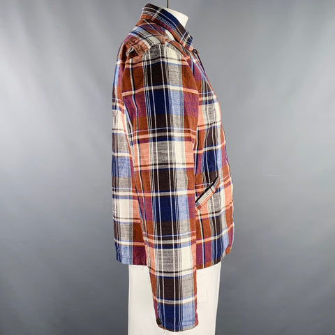 FUJITO Size XL Brown Navy Plaid Cotton Linen Zip Up Jacket