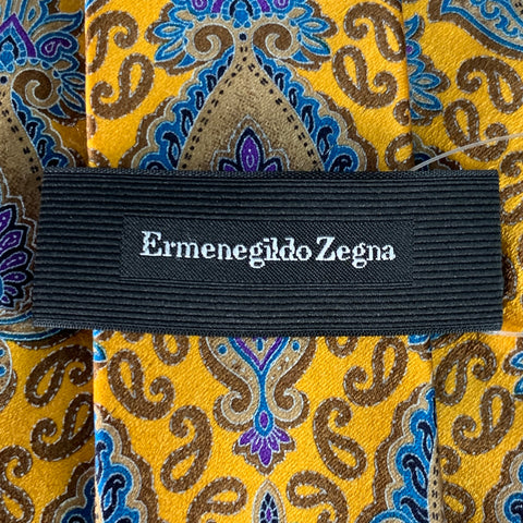 ERMENEGILDO ZEGNA Gold Blue Abstract Silk Satin Tie