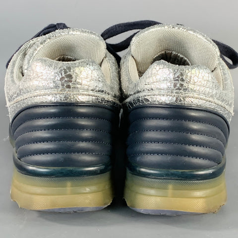 CHANEL Size 11 Metallic Silver Navy Crackled Leather Lace-Up Sneakers