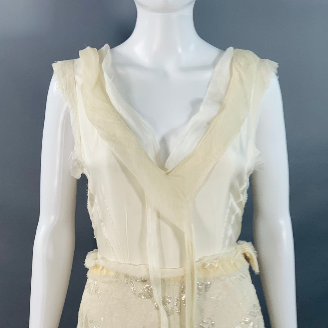 MARC JACOBS Size 2 Cream Silk Leaves Raw Edges Sleeveless Evening Gown