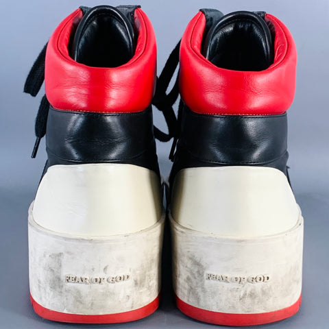 Baskets montantes en cuir color block noir, rouge et blanc FEAR OF GOD taille 10