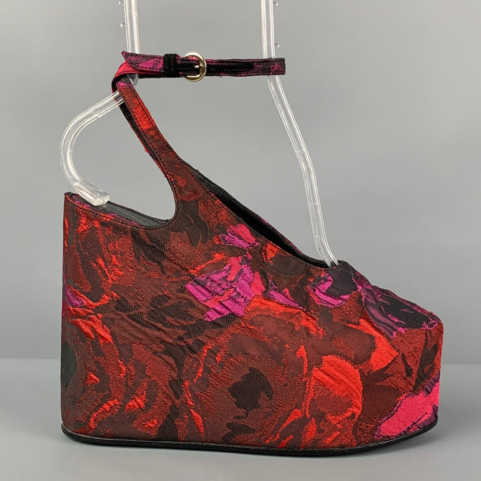DRIES VAN NOTEN Size 7.5 Red Black Floral Jacquard Platform Wedge Pumps