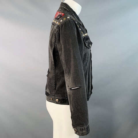 GUCCI Size M Hollywood Grey Painted Cotton Distressed Studded Denim Jacket