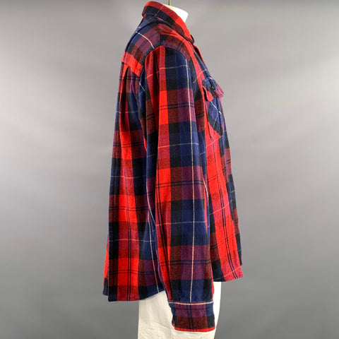 SACAI Size XL Red Multi Color Plaid Cotton Oversized Long Sleeve Shirt