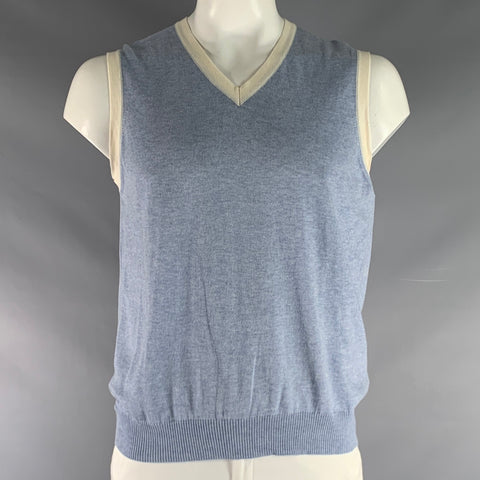 ETRO Size XL Blue White Knitted Cotton Cashmere V-Neck Vest