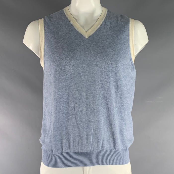 ETRO Size XL Blue White Knitted Cotton Cashmere V-Neck Vest