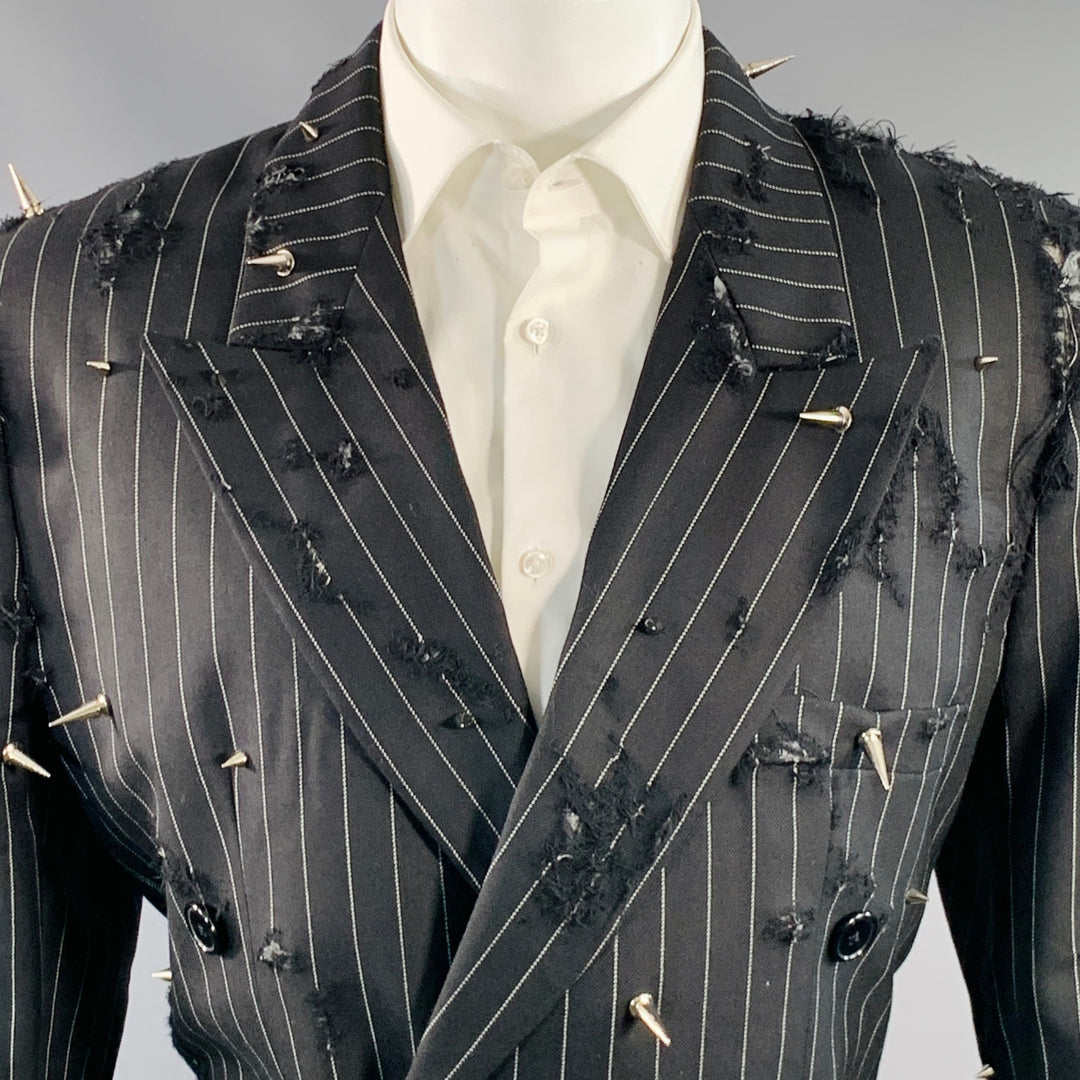 LIBERAL YOUTH MINISTRY Size M Black Grey Pinstripe Wool Double Breasted Studded Sport Coat