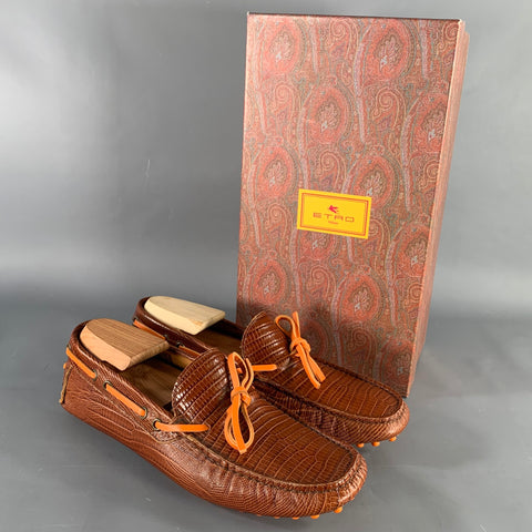 ETRO Size 8 Brown Cognac Embossed Leather Drivers Loafers
