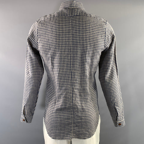 FRANK LEDER Size S Beige Blue Gingham Linen Button Up Long Sleeve Shirt