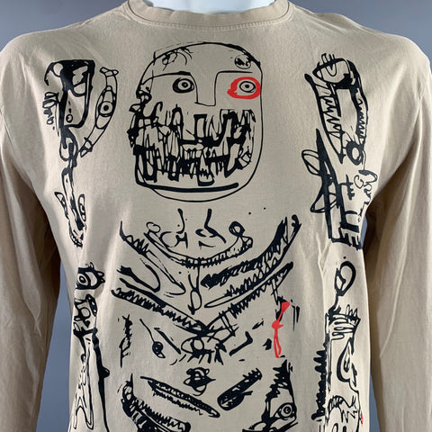 CHARLES JEFFREY LOVERBOY Size L Beige Black Graphic Cotton Crew Neck Pullover