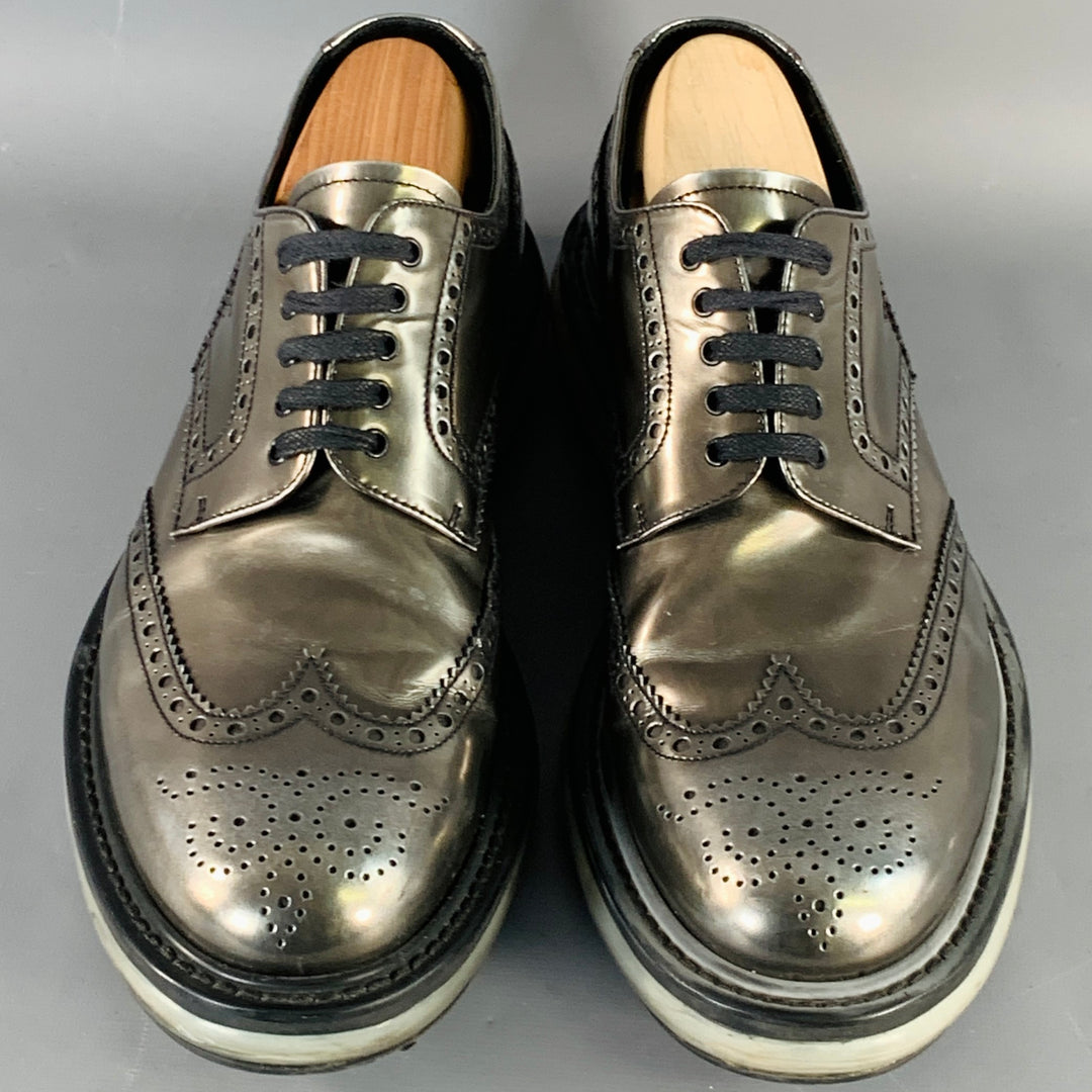 PRADA Size 9 Silver Metallic Perforated Leather Wingtip Lace-Up Shoes