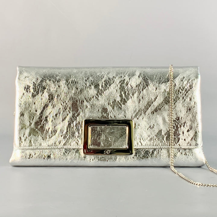 ROGER VIVIER Metallic Silver Textured Leather Clutch Handbag