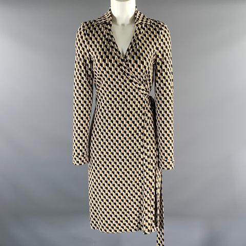 DIANE VON FURSTENBERG Size S Camel White Black Geometric Viscose Elastane Wrap Dress