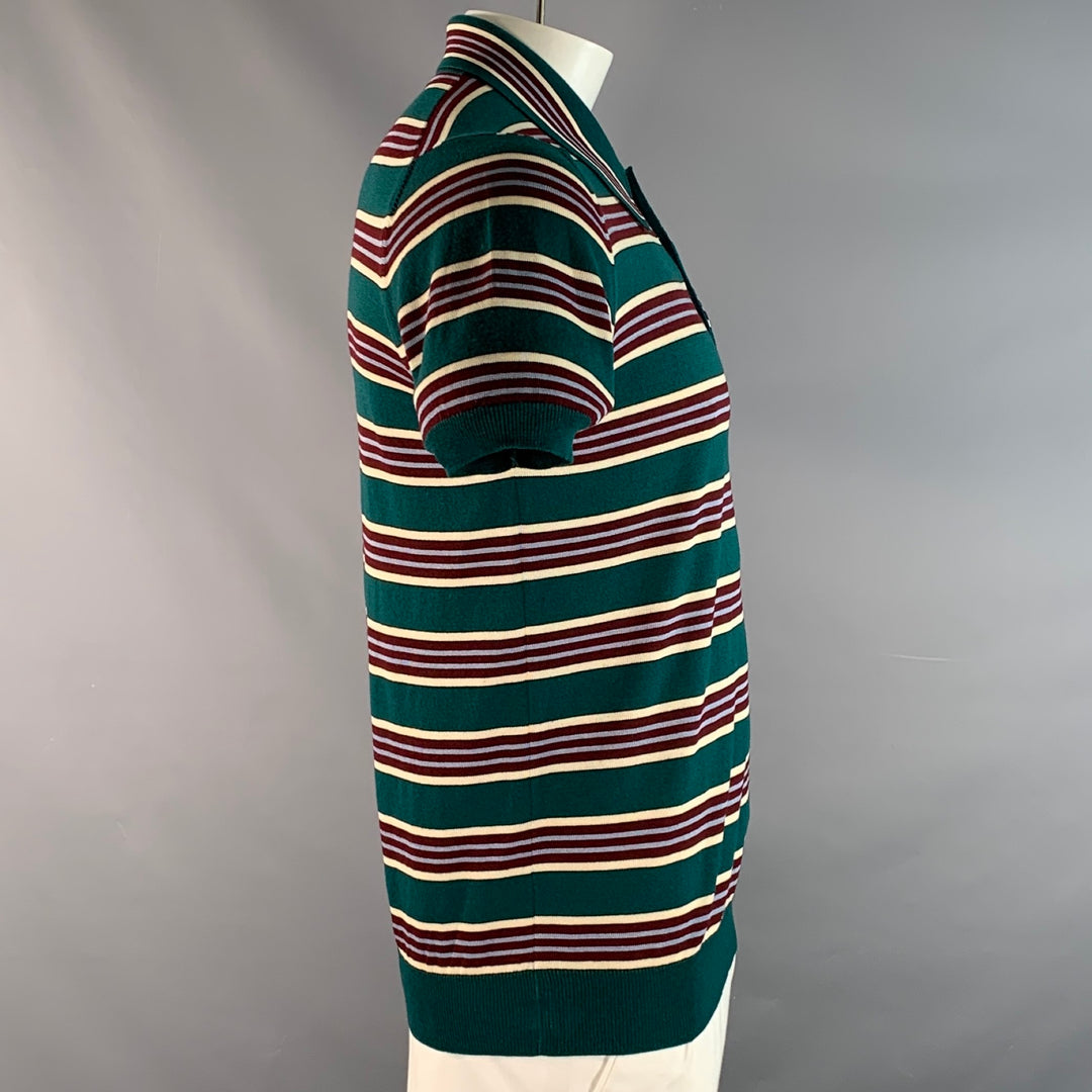 PRADA Size L Green Burgundy & White Stripe Virgin Wool / Silk Half Placket Polo