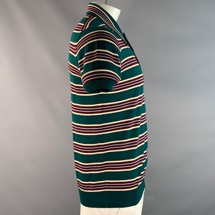 PRADA Size L Green Burgundy & White Stripe Virgin Wool / Silk Half Placket Polo