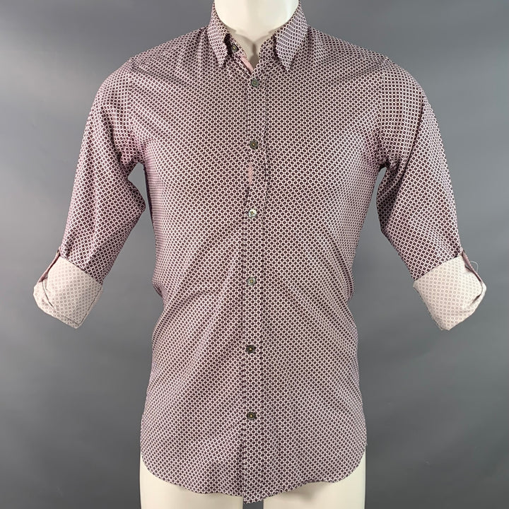 TED BAKER Size XS Nugate Burgundy White Abstract Floral Cotton Roll Tab Long Sleeve Shirt