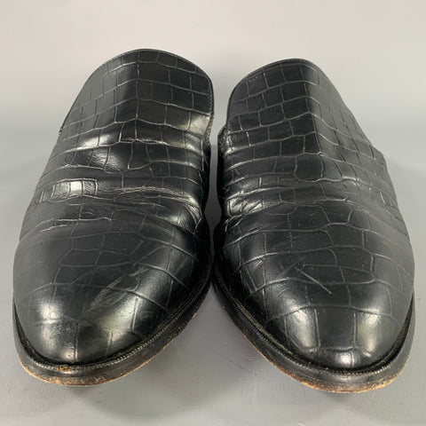 ROBERT CLERGERIE Size 10.5 Black Leather Croc Embossed Embossed Mules Flats