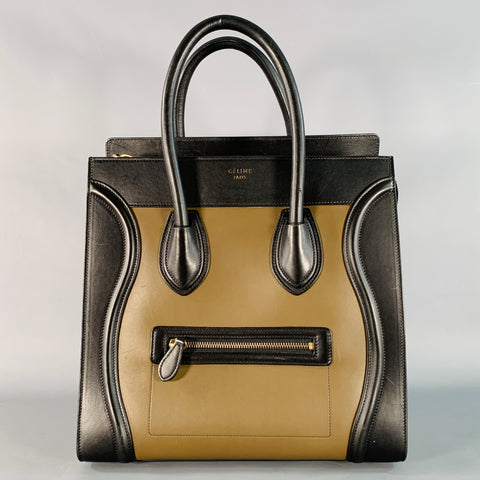 CELINE Brown Taupe Color Block Leather Tote Handbag